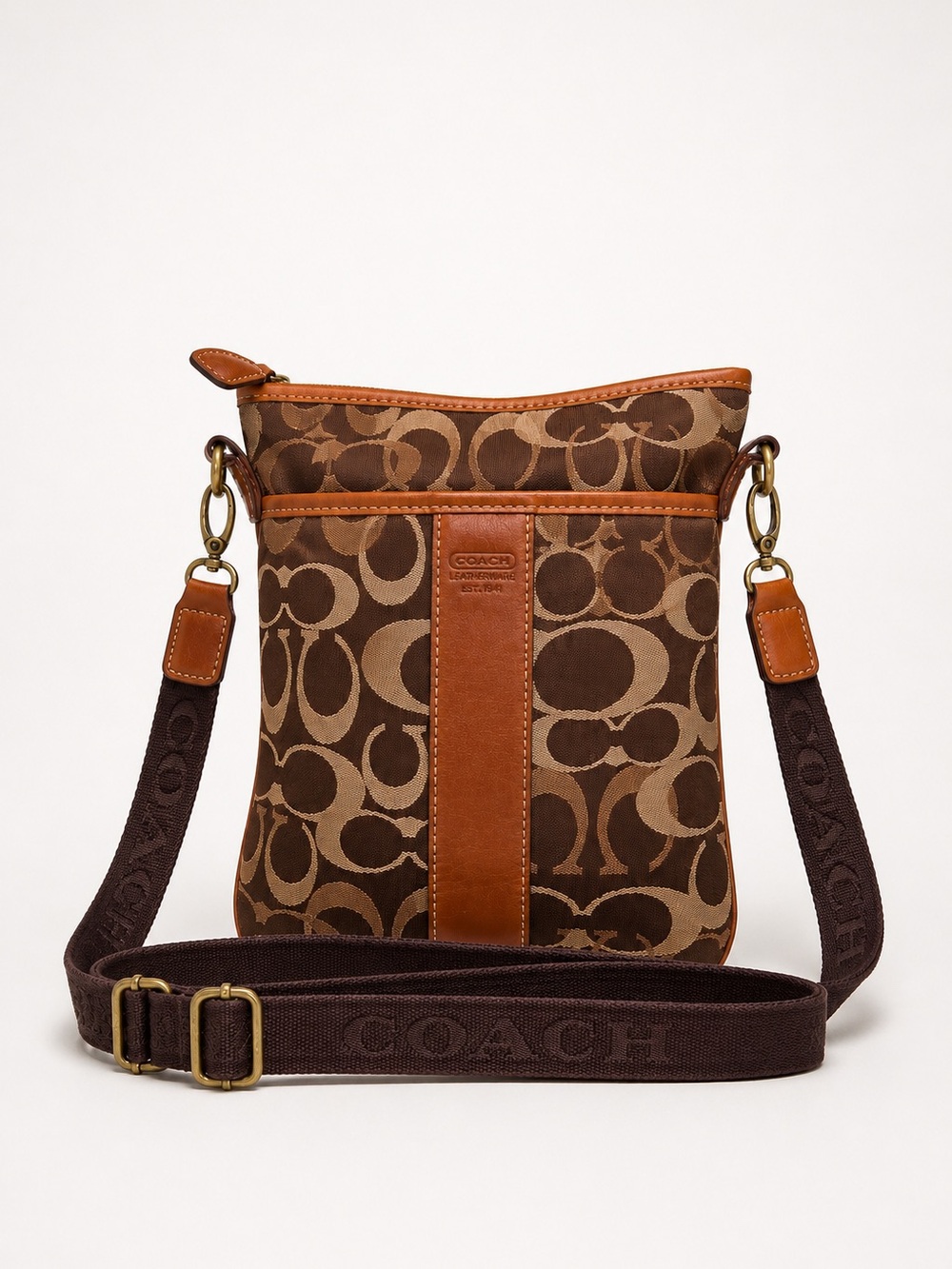 Coach Factory Brown Signature Canvas Messenger Bag with Leather Trim Y2K